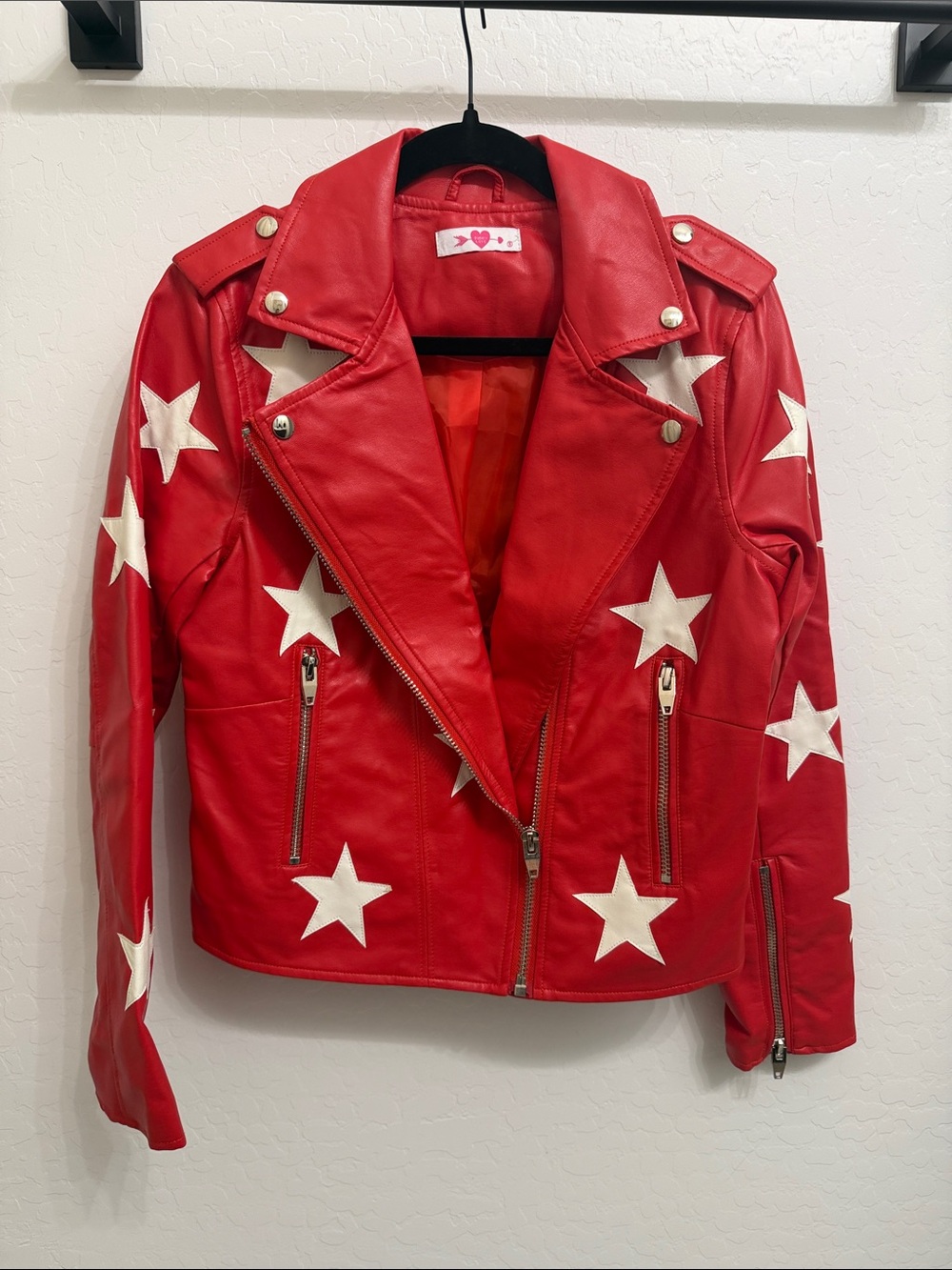 Buddy Love Red Leather Star-Print Moto Jacket